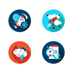 Creative process flat icons set. Sign collection for design and development process stages, from idea to final product. Color vector illustrations with shadow for project management