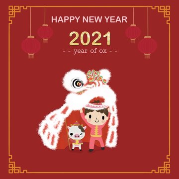 Happy Chinese New Year 2021year of the ox. It’s the festival with Lion dances, lamp decorating. Zodiac sign for greetings card, flyers, invitation, posters, brochure, banners, calendar