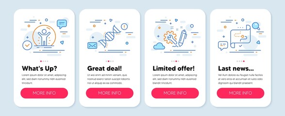 Set of Science icons, such as Chemistry dna, Engineering, Recovered person symbols. Mobile screen app banners. Target path line icons. Chemical formula, Construction, Quarantine. Business aim. Vector