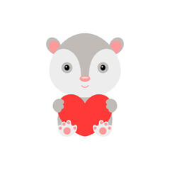 Cute funny opossum with heart on white background. Cartoon animal character for congratulation with St. Valentine day, greeting card, invitation, wall decor, sticker. Colorful vector illustration.