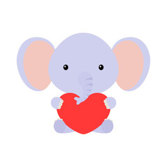 Cute funny elephant with heart on white background. Cartoon animal character for congratulation with St. Valentine day, greeting card, invitation, wall decor, sticker. Colorful vector illustration.