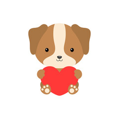 Cute funny dog with heart on white background. Cartoon animal character for congratulation with St. Valentine day, greeting card, invitation, wall decor, sticker. Colorful vector stock illustration.