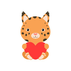 Cute funny lynx with heart on white background. Cartoon animal character for congratulation with St. Valentine day, greeting card, invitation, wall decor, sticker. Colorful vector stock illustration. © Jexy