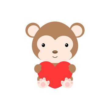 Cute funny monkey with heart on white background. Cartoon animal character for congratulation with St. Valentine day, greeting card, invitation, wall decor, sticker. Colorful vector illustration.