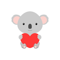 Cute funny koala with heart on white background. Cartoon animal character for congratulation with St. Valentine day, greeting card, invitation, wall decor, sticker. Colorful vector stock illustration.