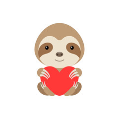Cute funny sloth with heart on white background. Cartoon animal character for congratulation with St. Valentine day, greeting card, invitation, wall decor, sticker. Colorful vector stock illustration.
