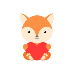 Cute funny fox with heart on white background. Cartoon animal character for congratulation with St. Valentine day, greeting card, invitation, wall decor, sticker. Colorful vector stock illustration.