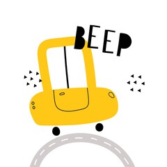 cartoon car, hand drawing lettering, decor elements. flat style, colorful vector for kids. baby design for cards, poster decoration, t-shirt print