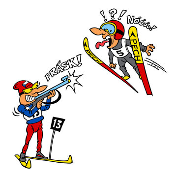 Biathlon racer accidentally shoots a ski jumper who flies through the air, sport joke, color cartoon