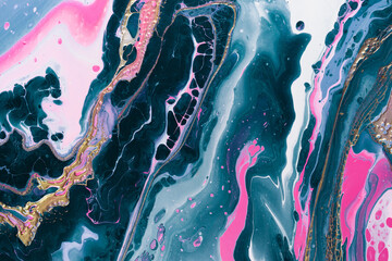 Pink neon bubbles and golden wave on aquamarine swirls background. Fluid Art. Marble effect background or texture