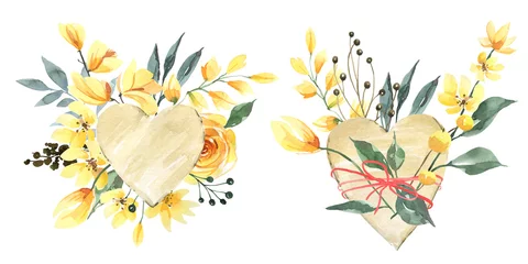 Dekokissen watercolor clipart for valentine's day, for wedding decor and greeting cards. Yellow flowers, branches and berries. Composition with envelope, craft heart  © Yevheniia Poli