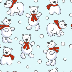 Seamless pattern with cute bear looks at the snow