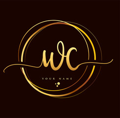 WC Initial handwriting logo golden color. Hand lettering Initials logo branding, Feminine and luxury logo design isolated on black background.