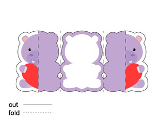 Cute hippo hold heart. Fold long greeting card template. Great for St. Valentine day, birthdays, baby showers. Printable color scheme. Print, cut out, fold. Colorful vector stock illustration.