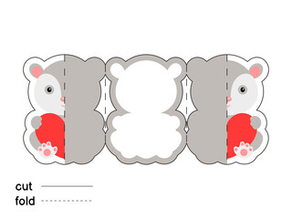 Cute opossum hold heart. Fold long greeting card template. Great for St. Valentine day, birthdays, baby showers. Printable color scheme. Print, cut out, fold. Colorful vector stock illustration.