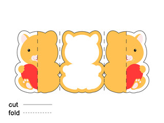 Cute hamster hold heart. Fold long greeting card template. Great for St. Valentine day, birthdays, baby showers. Printable color scheme. Print, cut out, fold. Colorful vector stock illustration.