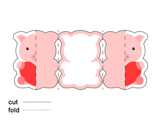 Cute pig hold heart. Fold long greeting card template. Great for St. Valentine day, birthdays, baby showers. Printable color scheme. Print, cut out, fold. Colorful vector stock illustration.