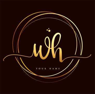 WH Initial handwriting logo golden color. Hand lettering Initials logo branding, Feminine and luxury logo design isolated on black background.