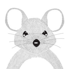 Print. Cartoon rat. Portrait of a rat. Black and white mouse. Sketch, poster
