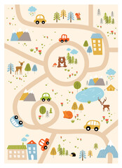 Print. Forest maze with animals, road, houses. Cartoon Forest Animals. Path in the forest. Game for children. Children's play mat. 