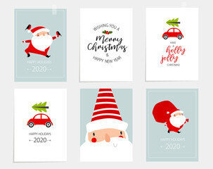 Print. Set of christmas illustrations. Santa Claus with presents, holiday is approaching, red car is carrying a Christmas tree, typographic posters, postcards. Merry Christmas and Happy New Yea