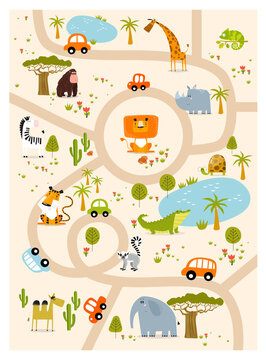 Print. Tropical maze with animals in safari park. Cartoon tropical animals. African animals. Road in a safari park. Game for children. Children's play mat.
