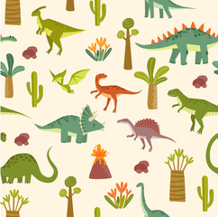 Print. Seamless background with dinosaurs. Jurassic Park. Children's pattern. Tyrannosaurus, Brachiosaurus, Pterodactyl, Diplodocus, Triceptors. Set of cartoon dinosaurs. Can print on fabric

