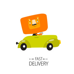 Print. Poster "fast delivery". Lion by car. Green car. A cartoon lion.