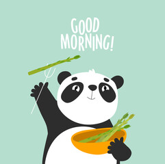 Print. Panda eating. Cartoon panda. Panda eats asparagus. Asparagus.
