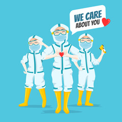 Three Expressive Nurses character Illustration wearing ppe hazmat suit  showing love and care about covid19 patient