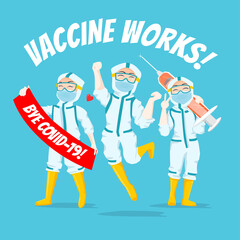 Three Expressive Nurses character Illustration wearing ppe hazmat suit  holding signs and syringe pro vaccination for covid19