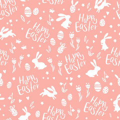 Lovely hand drawn seamless pattern with Easter bunnies, eggs, flowers and butterflies, great for textiles, banners, wallpapers, wrapping - vector design
