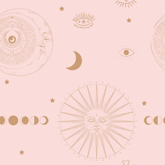 Vector illustration set of moon phases. Different stages of moonlight activity in vintage engraving style. Zodiac Signs