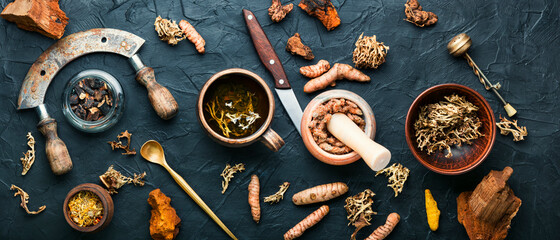 Tea and a set of medicinal herbs