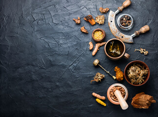 Tea and a set of medicinal herbs