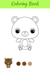 Coloring book little baby bear sitting. Coloring page for kids. Educational activity for preschool years kids and toddlers with cute animal. Black and white vector stock illustration.