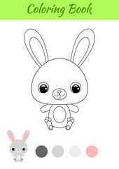 Coloring book little baby rabbit sitting. Coloring page for kids. Educational activity for preschool years kids and toddlers with cute animal. Black and white vector stock illustration.