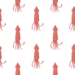 Isolated wilflife seamless pattern with underwater squid shapes. Red print on white background.