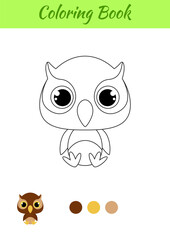 Coloring book little baby owl sitting. Coloring page for kids. Educational activity for preschool years kids and toddlers with cute animal. Black and white vector stock illustration.