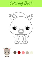 Coloring book little baby donkey sitting. Coloring page for kids. Educational activity for preschool years kids and toddlers with cute animal. Black and white vector stock illustration.