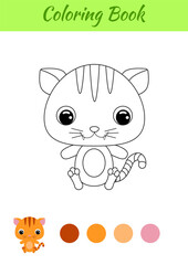 Coloring book little baby cat sitting. Coloring page for kids. Educational activity for preschool years kids and toddlers with cute animal. Black and white vector stock illustration.