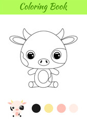 Coloring book little baby cow sitting. Coloring page for kids. Educational activity for preschool years kids and toddlers with cute animal. Black and white vector stock illustration.