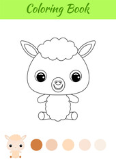 Coloring book little baby alpaca sitting. Coloring page for kids. Educational activity for preschool years kids and toddlers with cute animal. Black and white vector stock illustration.