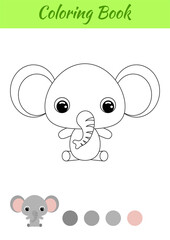 Coloring book little baby elephant sitting. Coloring page for kids. Educational activity for preschool years kids and toddlers with cute animal. Black and white vector stock illustration.