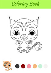 Coloring book little baby lynx sitting. Coloring page for kids. Educational activity for preschool years kids and toddlers with cute animal. Black and white vector stock illustration.