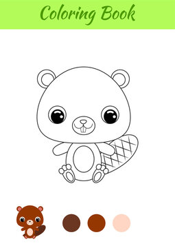 Coloring book little baby beaver sitting. Coloring page for kids. Educational activity for preschool years kids and toddlers with cute animal. Black and white vector stock illustration.