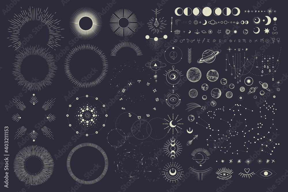 Wall mural vector illustration set of moon phases. different stages of moonlight activity in vintage engraving 