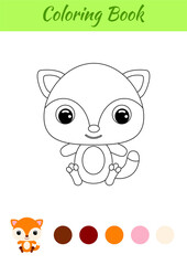 Coloring book little baby fox sitting. Coloring page for kids. Educational activity for preschool years kids and toddlers with cute animal. Black and white vector stock illustration.