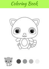 Coloring book little baby raccoon sitting. Coloring page for kids. Educational activity for preschool years kids and toddlers with cute animal. Black and white vector stock illustration.