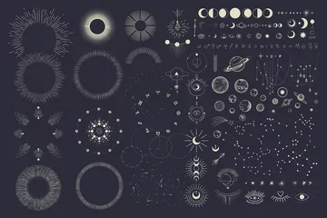 Foto op Canvas Vector illustration set of moon phases. Different stages of moonlight activity in vintage engraving style. Zodiac Signs © chikovnaya